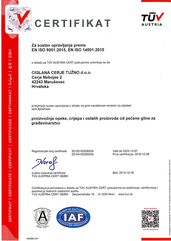 certifikat ISO 9001 ISO 14001